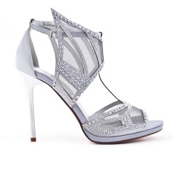 Silver sandal with high heel rhinestones