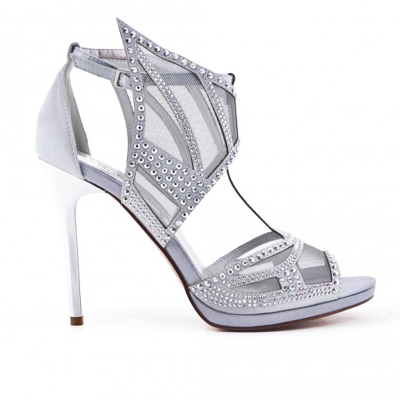 Silver sandal with high heel rhinestones