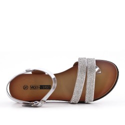 Silver flat sandal with rhinestones