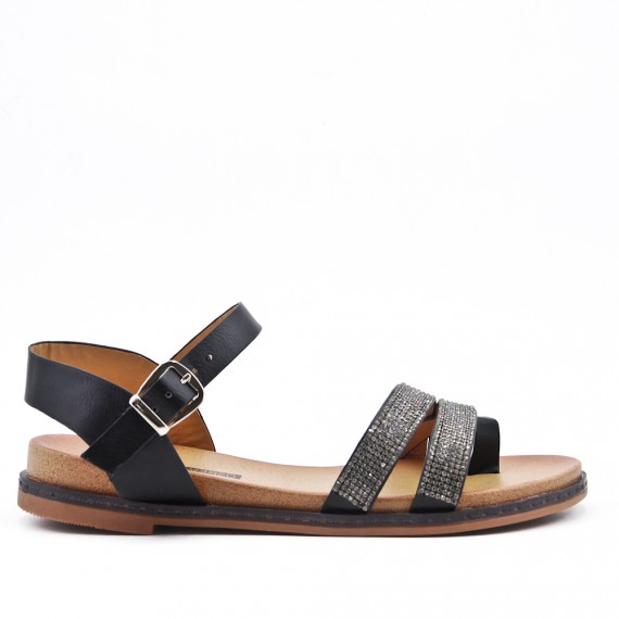 Black flat sandal with rhinestones