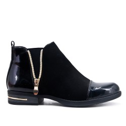 Bi-material flat black ankle boot