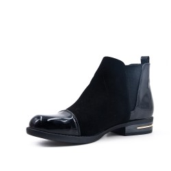 Bi-material flat black ankle boot