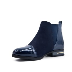 Bi-material blue flat ankle boot
