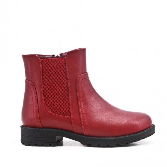 Red girl's boot in faux leather with elastic panel