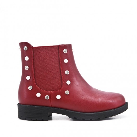 Red girl's boot in faux leather with elastic panel