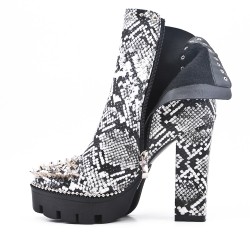 Snake printed ankle boot with studs and heels