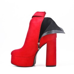 Red suede ankle boot with platform heel 