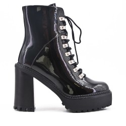 Bottine noire en vernis à talon avec plateforme 