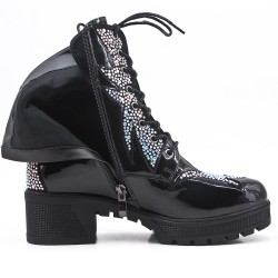 Black patent ankle boot with lace rhinestones 