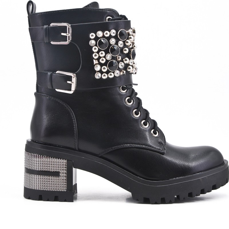 Bottine noire en simili cuir à strass