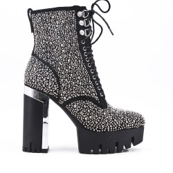 Black ankle boot with rhinestones on the whole