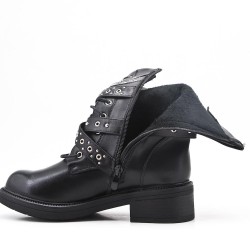 Black faux leather boot with buckled straps 