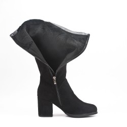 Black faux suede buckled buckle boot