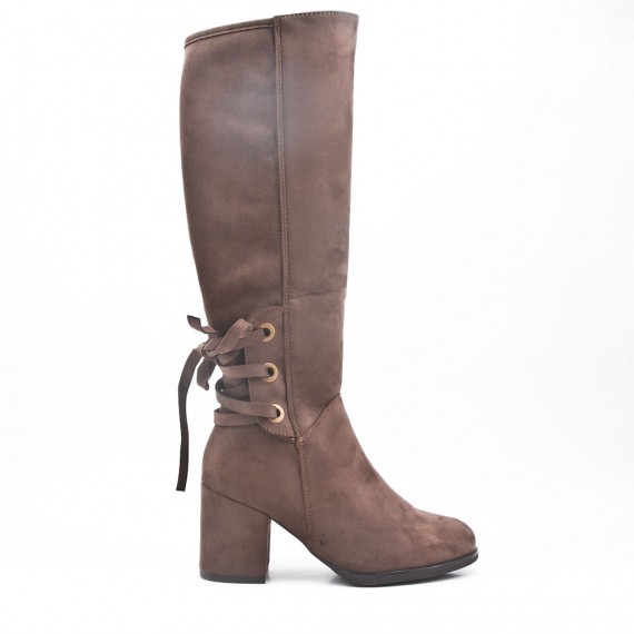 Brown faux suede boot with lace on the back