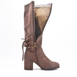 Brown faux suede boot with lace on the back