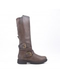 Khaki faux leather boot with buckled straps