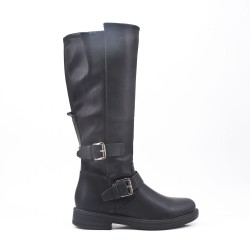 Black faux leather boot with buckled straps 