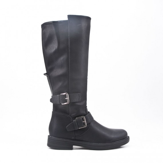 Black faux leather boot with buckled straps