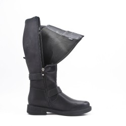 Black faux leather boot with buckled straps 