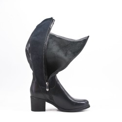Bi-material black boot with square heel