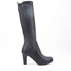 Black imitation leather boot with elasticated upper