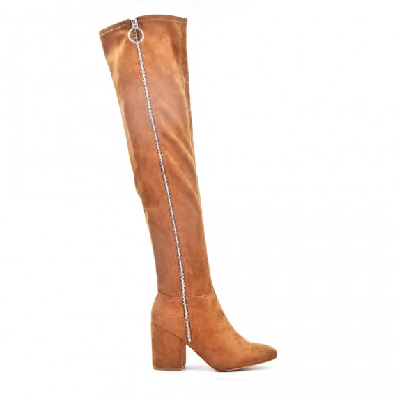 Camel thigh boots in faux suede zipped on the side