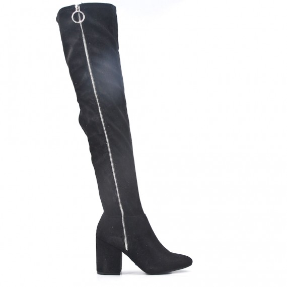 Black thigh boots in faux suede zipped on the side