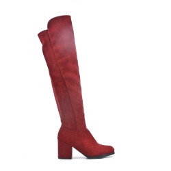Red suede leather thigh boots with heel