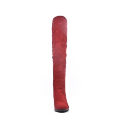 Red suede leather thigh boots with heel