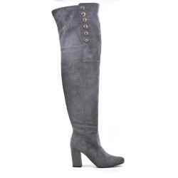 Gray suede leather thigh boots with button on the side