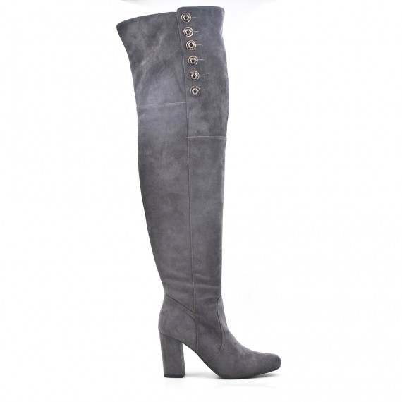 Gray suede leather thigh boots with button on the side
