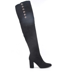 Black suede leather thigh boots with button on the side