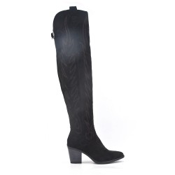 Black faux suede thigh boots with heel embroidery 