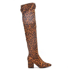 Leopard printed faux suede thigh boots