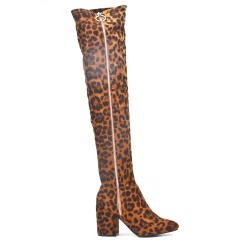 Leopard-print suede over-the-knee boots with zipper on the side