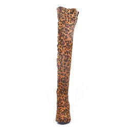 Leopard-print suede over-the-knee boots with zipper on the side