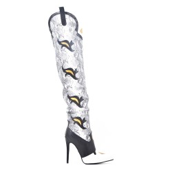 Thigh-print leatherette thigh boots