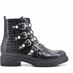Black imitation leather ankle boot with pearl straps