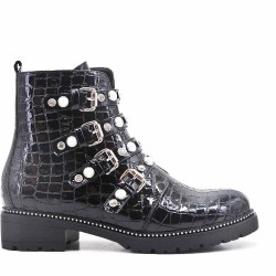 Bottine noire en simili cuir avec brides à perles