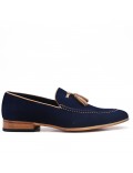 Blue moccasin in faux suede with pompom