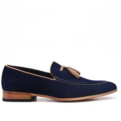 Blue moccasin in faux suede with pompom 