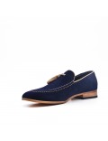 Blue moccasin in faux suede with pompom