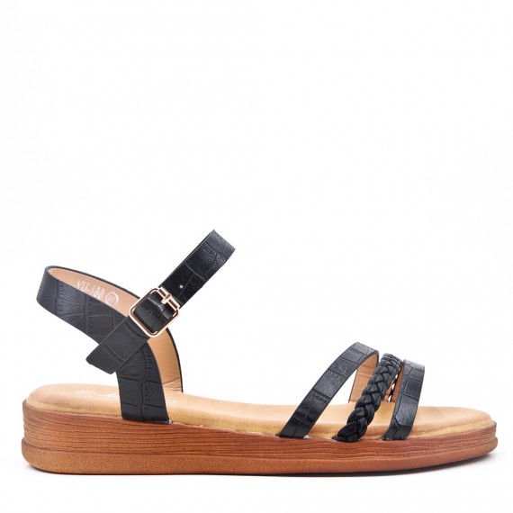 black faux leather sandals