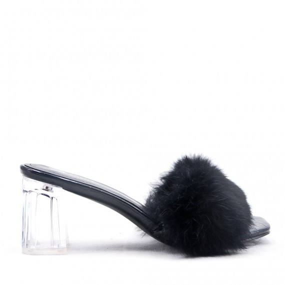 Faux leather heeled sandal with faux fur