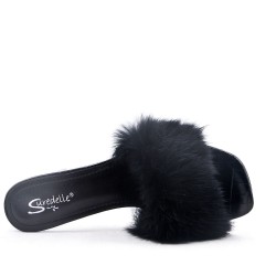 Faux leather heeled sandal with faux fur