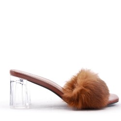 Faux leather heeled sandal with faux fur