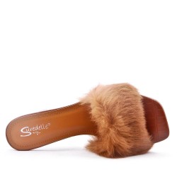 Faux leather heeled sandal with faux fur