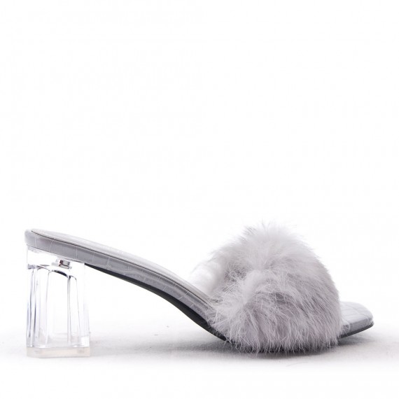 Faux leather heeled sandal with faux fur