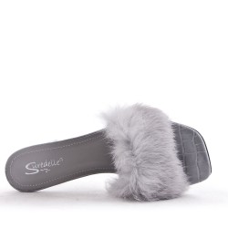 Faux leather heeled sandal with faux fur