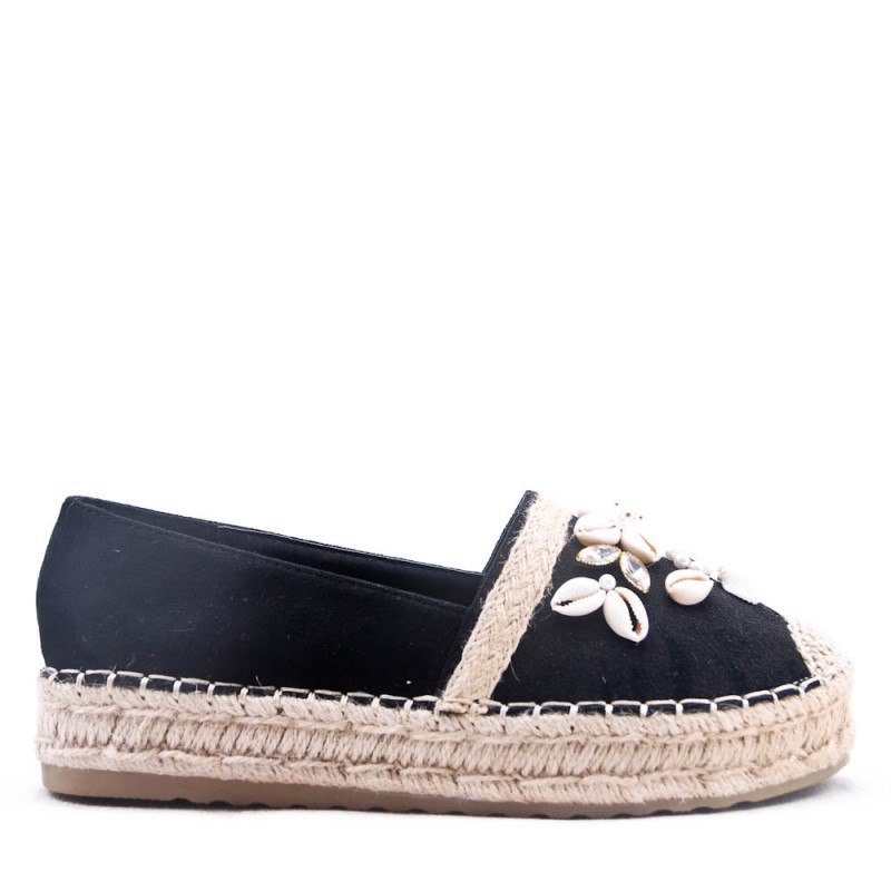 Paire d'espadrilles ouverte réalisée en daim noir souple pour femme.